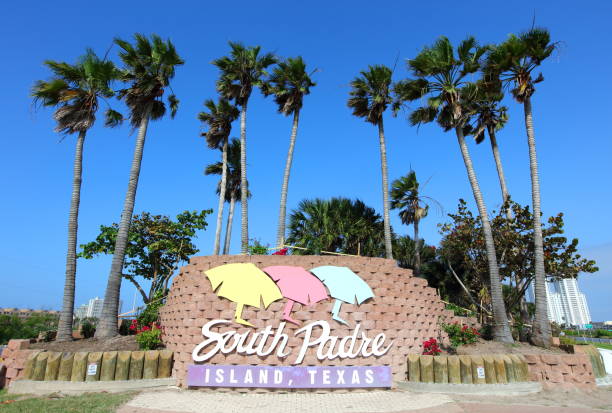 South Padre Island welcome sign surrounded by palm trees